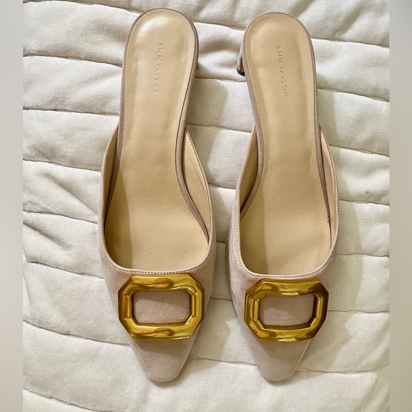 Ann Taylor Shoes - Pale taupe pointed toe suede w gold buckle detail slides by Ann Taylor Size 9